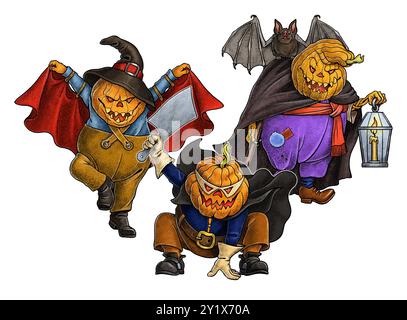 Divertenti personaggi di Halloween - spaventose zucche danzanti. Foto Stock