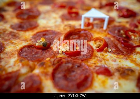 Primo piano di una pizza diavola con una profondità di campo bassa. La pizza sembra molto gustosa, con prosciutto visibile, peperoncino e formaggio. Foto Stock