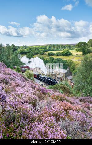 Goathland Heritage Railway Station e heather in Bloom, The North Yorkshire, Moors, Regno Unito Foto Stock