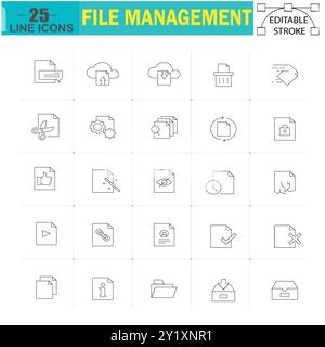 Set icone di gestione dei file thin line - 25 icone di traccia modificabili per l'organizzazione dei dati e la gestione dei file in siti Web e app mobili. Illustrazione Vettoriale