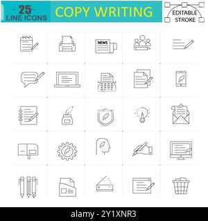 Set icone riga Copywriting e creazione contenuto - 25 icone traccia modificabili per scrittura, modifica e comunicazione digitale Illustrazione Vettoriale