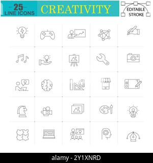 set di icone di linea creative. Set icone nere disegno stile linea vettoriale. Pacchetto pittogramma lineare. Web e Mobile Business Ideas progettano l'illustrazione vettoriale. Illustrazione Vettoriale