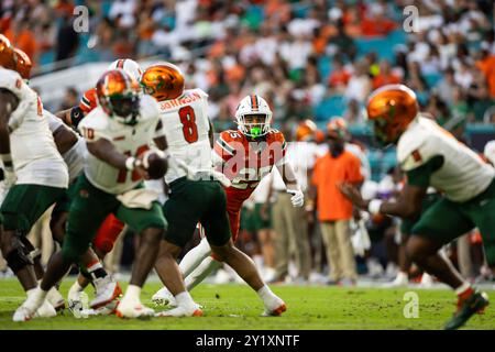 MIAMI GARDENS, FLORIDA - 7 SETTEMBRE: Jadais Richard #25 dei Miami Hurricanes alla linea di scrimmage contro i Florida A&M Rattlers a Hard RO Foto Stock