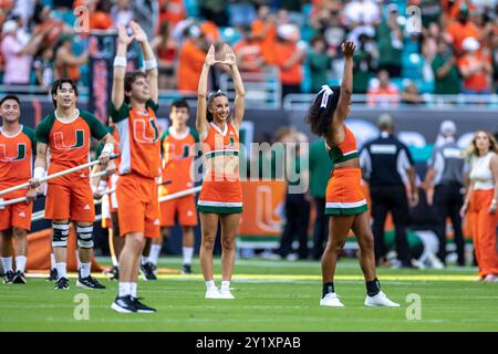 MIAMI GARDENS, FLORIDA - 7 SETTEMBRE: Cheerleader dei Miami Hurricanes prima della partita contro i Florida A&M Rattlers all'Hard Rock Stadium il 7 settembre Foto Stock