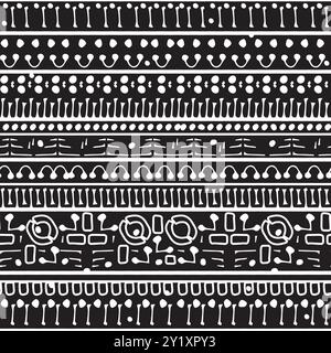 Etno, modello etnico senza cuciture su sfondo nero. Stampa orizzontale vettoriale di elementi in bianco e nero Illustrazione Vettoriale
