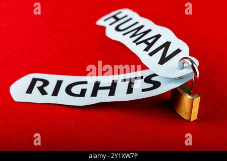 Al centro, un lucchetto richiama due documenti con scritto "diritti umani”, su uno sfondo rosso che incarna la sicurezza Foto Stock