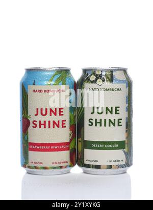 IRVINE, CALIFORNIA - 6 SETTEMBRE 2024: Due lattine di June Shine Hard Kombucha, Strawberry Kiwi e Desert Cooler. Foto Stock