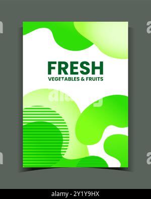 Frutta e verdura fresche. Banner verticale verde brillante, poster con forma dinamica organica. Design grafico del volantino astratto. Macchie geometriche e linee, fluido liquido. Sfondo stile minimale vettoriale Illustrazione Vettoriale