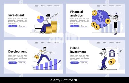Pagina di destinazione investimenti finanziari. Sviluppo aziendale. Pagamento di denaro per le persone che lavorano in banca. App online. Modello di progettazione del sito Web. L'analisi finanziaria funziona. Homepage di Internet. Sfondo vettoriale impostato Illustrazione Vettoriale
