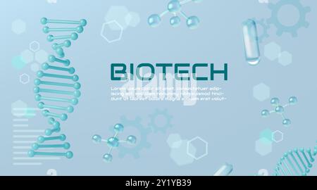 Background scientifico. Molecole di DNA. Ricerca chimica e biologia. Laboratorio medico. Codice cromosomico elica 3D. Vita delle cellule biologiche. Medicina o biotecnologia. Mutazione del genoma. Banner Vector biotechnology Illustrazione Vettoriale
