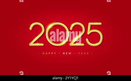 Banner felice anno nuovo 2025 con numeri Sparkler realistici su sfondo rosso. Illustrazione vettoriale in stile 3D. Illustrazione Vettoriale