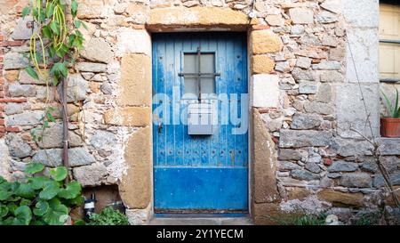 Antica porta in legno in una casa in pietra con piante. Foto Stock