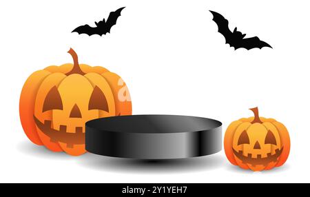Due zucche intagliate con facce sorridenti e pipistrelli volanti intorno a un display rotondo si stagliano su uno sfondo bianco. Decorazione di Halloween. Vettore Illustrazione Vettoriale