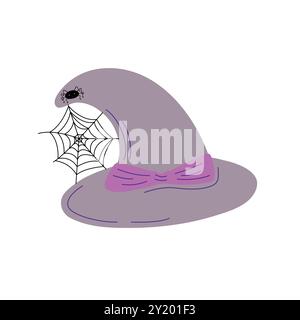 Cappello da strega con ragno e abiti natalizi in rete, simpatico accessorio magico disegnato a mano, semplice illustrazione, clipart per la decorazione delle feste di Halloween, copricapo dei personaggi spettrali dei cartoni animati Illustrazione Vettoriale
