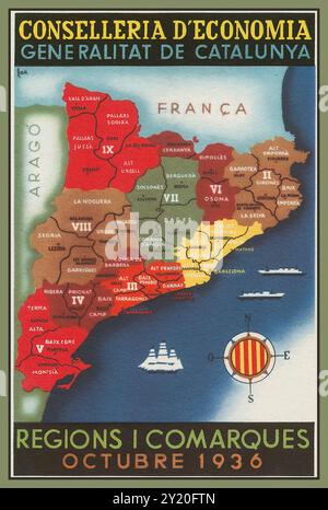 Mappa Spagna regione Autonoma della Catalogna (1931–1939) GUERRA CIVILE SPAGNOLA 1936/1939, scheda di propaganda catalana "CONSELERRIA D'ECONOMIA GENERALITAT DE CATALUNYA" (Consigli in economia e genetica della Catalogna), REGIONI i COMARQUES ottobre 1936 Foto Stock