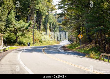 Una tortuosa strada di montagna vuota attraverso una foresta in una giornata di sole autunnale Foto Stock