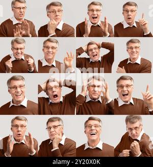 Insieme dei ritratti emotivi dell'uomo anziano su sfondo grigio, Collage Foto Stock
