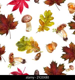 Acquerello, motivo della foresta autunnale con foglie, funghi e corna Foto Stock