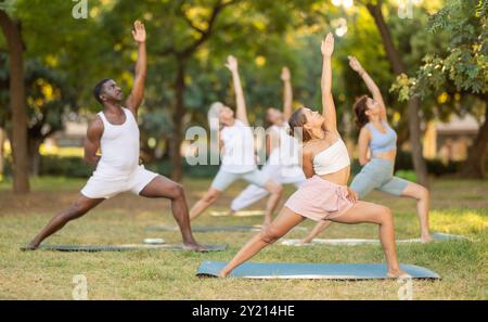 Persone di età e nazionalità diverse praticano varie pose yoga nel giardino estivo Foto Stock