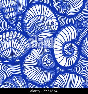 Motivo a conchiglia blu azzurro bianco con sfondo batik senza cuciture in lino, moderno cottage costiero sulla spiaggia rustico stampa a conchiglia design a motivi per la casa Foto Stock