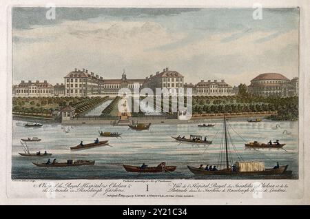 Questa incisione colorata raffigura il Royal Hospital Chelsea, evidenziando la sua impressionante architettura e i ben curati giardini lungo il trafficato fiume nel 1744. Foto Stock