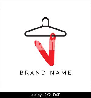 Logo moda lettera V, lettera V con simbolo vettoriale, logo boutique. Icona iniziale maiuscola di appendiabiti con lettera V. Illustrazione Vettoriale