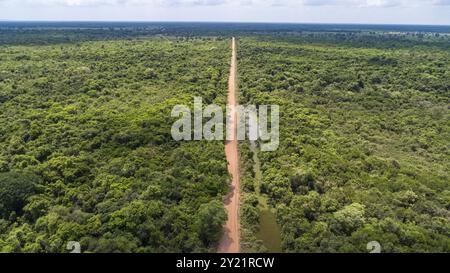 Veduta aerea della strada sterrata Transpantaneira che attraversa le North Pantanal Wetlands, Mato grosso, Brasile, Sud America Foto Stock