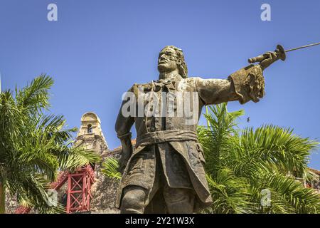 Primo piano del monumento Blas de Lezo in Piazza San Felipe nella città vecchia, Cartagena, Colombia, Sud America Foto Stock