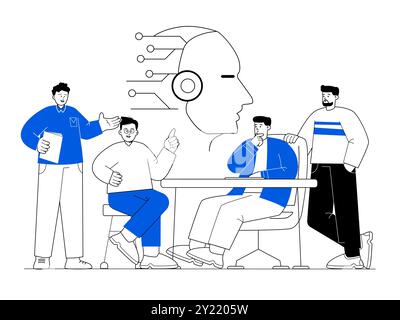 Il team discute dell'intelligenza artificiale artificiale artificiale dell'intelligenza artificiale, illustrazione del robot principale del lavoro di squadra che mette in posa il brainstorming in ufficio riunioni semplice nero e blu due colori Illustrazione Vettoriale