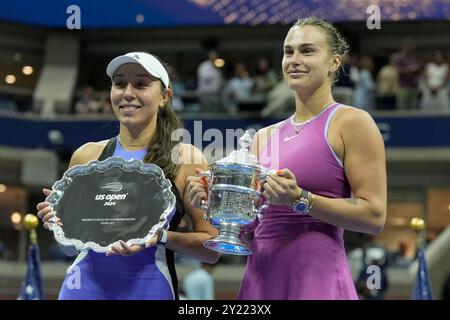 Flushing, Queens, New York, Stati Uniti. 7 settembre 2024. Aryna Sabalenka ha battuto in finale Jessica Pegula (USA) 7-5, 7-5, agli US Open giocando al Billie Jean King National Tennis Center di Flushing, Queens, NY. © Grace Schultz/CSM/Alamy Live News Foto Stock