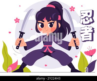 Traduzione : Ninja Vector Illustration con un personaggio Ninja Shinobi dal Giappone in uno sfondo di cartone animato in stile carino Illustrazione Vettoriale