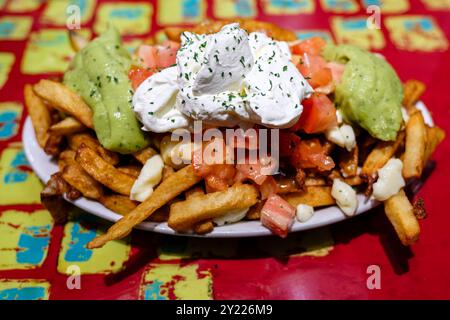 Piatto vegetariano di poutine, patatine fritte, formaggi curds, sugo di carne bruno presso il tradizionale fast food la Banquise, foodpix, Montreal, Quebec, Canada Foto Stock