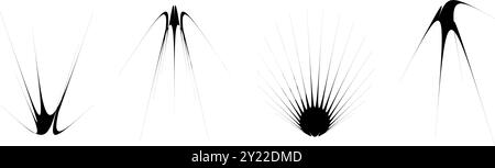 Set di elementi a spina spessa sottili neri. Fasci di scintille angolari e di forme astratte. Oggetti futuristici a raggi per la progettazione di poster, collage, banner, badge, logo, scheda, icona, etichetta, adesivo. Vettore Illustrazione Vettoriale
