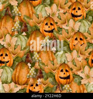 Un vivace e colorato motivo senza cuciture a tema Halloween che mostra zucche sorridenti in mezzo a una splendida vegetazione lussureggiante. Arte digitale ad acquerello, per la stampa su tessuti e carta. Foto Stock