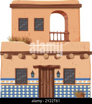 Casa in adobe a due piani con porta in legno Illustrazione Vettoriale