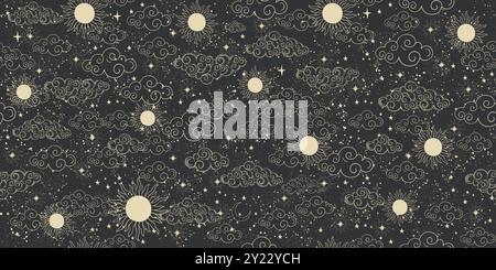 Schema celeste senza cuciture con sole, luna e stelle su sfondo nero, sfondo astrologico mistico, ornamento vettoriale dell'oroscopio. Striscione zodiacale, f Illustrazione Vettoriale