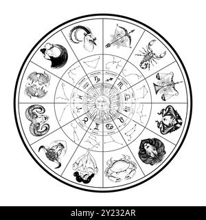 Ruota astrologica con segni zodiacali, segni disegnati a mano, simboli e costellazioni, bellissimi spazi grafici a stella, illustrazione vettoriale vintage. Mod Illustrazione Vettoriale