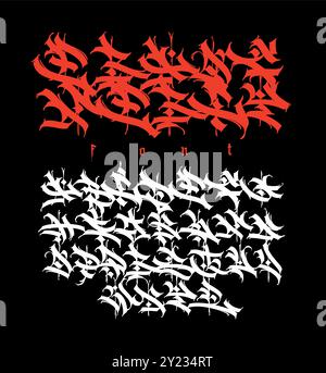 Stile graffiti, alfabeto inglese. Vettore. Lettere graffiti, tag e lettere latine medievali. Segni e simboli per la progettazione. Calligrafia, lettere e. Illustrazione Vettoriale