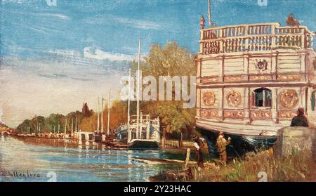 Il fiume Isis, Oxford, Inghilterra. Il nome Isis è un nome alternativo per il fiume Tamigi, usato dalla sua sorgente nei Cotswolds fino a quando non è Unito al Tamigi a Dorchester nell'Oxfordshire. Dal libro Oxford, dipinto da John Fulleylove, pubblicato Londra 1922. Foto Stock