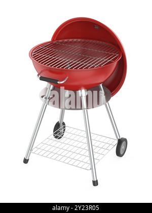 Barbecue rosso aperto per bollitore con coperchio attaccato su sfondo bianco Foto Stock