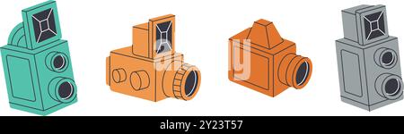 Vecchia fotocamera a pellicola, fotocamera retrò. Attrezzatura fotografica professionale. Illustrazione vettoriale. Illustrazione Vettoriale