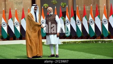 Nuova Delhi, Delhi, India. 9 settembre 2024. Abu Dhabi, il principe ereditario Sheikh Khaled bin Mohamed bin Zayed al Nahyan e il primo ministro indiano Narendra modi durante il loro incontro presso la Hyderabad House a nuova Delhi, lunedì, foto/RaviBatra INDIA 9 settembre 2024. (Credit Image: © Ravi Batra/ZUMA Press Wire) SOLO PER USO EDITORIALE! Non per USO commerciale! Crediti: ZUMA Press, Inc./Alamy Live News Foto Stock