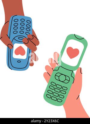 Due mani che tengono i telefoni cellulari. Mandare lettere d'amore. Trasferimento di denaro su smartphone. Concetto di pagamento online. Portafoglio elettronico. Illustrazione Vettoriale