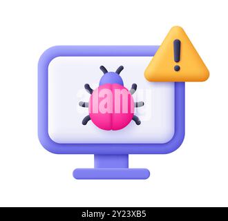 Computer con bug con simbolo di avvertimento, triangolo con punto esclamativo. Virus informatico, malware, avviso di bug, concetto di sicurezza informatica. icona vettoriale 3d. CA Illustrazione Vettoriale