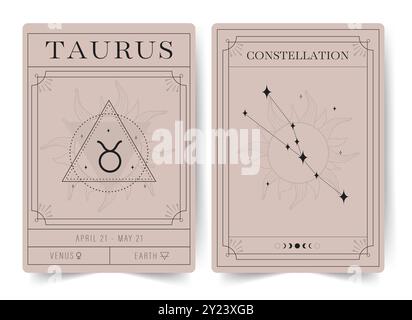 Toro. Carte della stregoneria con segno zodiaco astrologico e costellazione. Poster moderni di astrologia boho. Perfetto per lettori di tarocchi e astrologi Illustrazione Vettoriale