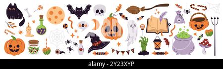 Set di icone vettoriali a colori piatti per i festeggiamenti di Halloween. Spaventoso pacchetto illustrativo per feste natalizie su sfondo bianco Illustrazione Vettoriale