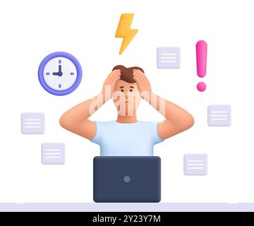 L'uomo stressato e impegnato che lavora al computer, tenendo la testa in mano, non ha rispettato la scadenza. Pressione di scadenza, lavoro stressante. caratteristiche delle persone vettoriali 3d. Illustrazione Vettoriale