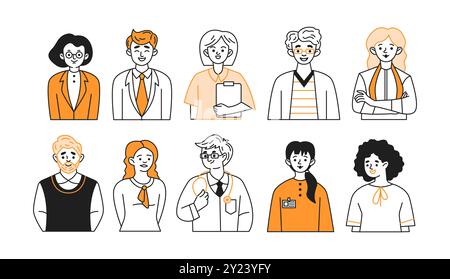 Personale professionale avatar linea di doodle e set di illustrazioni a colori. Raccolta di icone vettoriali di schizzo lineari per lavori commerciali e medici Illustrazione Vettoriale