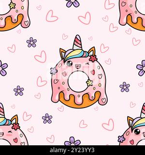Motivo senza cuciture con simpatico unicorno di ciambella. Simpatico personaggio dei cartoni animati kawaii cibo dolce su sfondo rosa chiaro con fiori e cuori. Illustrazione vettoriale Illustrazione Vettoriale