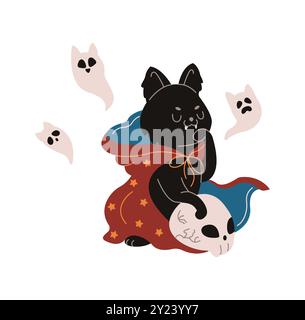 Necromanto spaventoso per gatto con cranio e spiriti illustrazione vettoriale di colore piatto. Il lancio degli animali fa apparire l'icona del personaggio di Halloween su sfondo bianco Illustrazione Vettoriale
